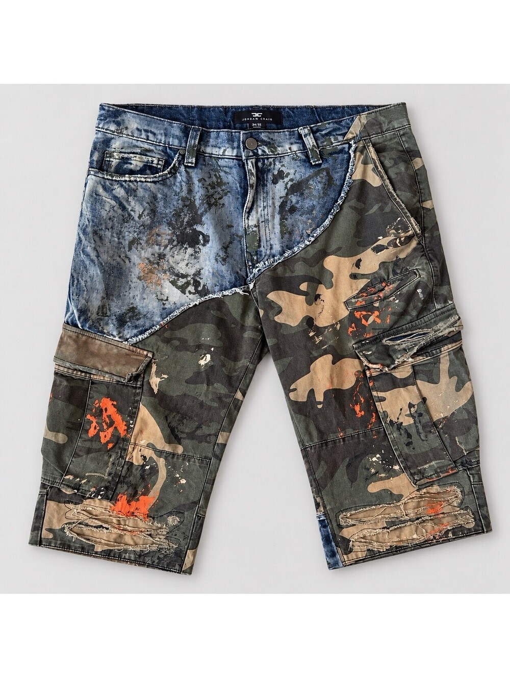 Jordan Craig Aaron Men’s 38 Camo Denim Patchwork Cargo Shorts Distressed Y2K